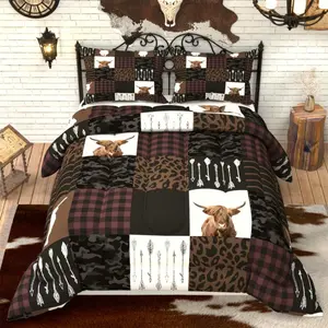 Highland Cow Comforter Sets for Kids Adults,3D Pattern with Dark Brown Colors,Decorative Bedding Comforter Sets with 2 Pillow Shams, Queen Size