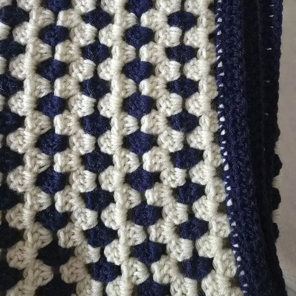 Handmade Throw Afghan in Navy and Cream Checkered Design Crocheted Blanket with Navy Blue and White Patterns