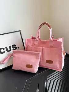 Women's Fashionable Solid Color/Fruit/Leopard Pattern Bag Set, 2 Counts Casual Versatile Tote Bag & Small Wristlet Bag for Women & Girls, Trendy Versatile Commuting Bag Set for Daily Use