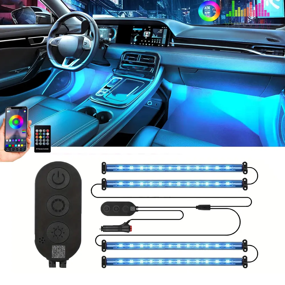 48-LED RGB Interior Ambient Light Kit, 12V Smart App-Controlled with DIY & Music Modes, 2-Line 12V Automotive Decorative Lighting Assembly for Car Enthusiasts, Led Car Ambient Light