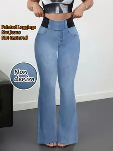 Women's High-Waisted Stretch Printed Jeans, Fake Button, No Pockets, All-Season, Slim Fit, Sporty Style, Breathable, Skin-Like Comfort，Elastic Micro Flare Long Pants, imitation denim fabric, Leggings, Bottom