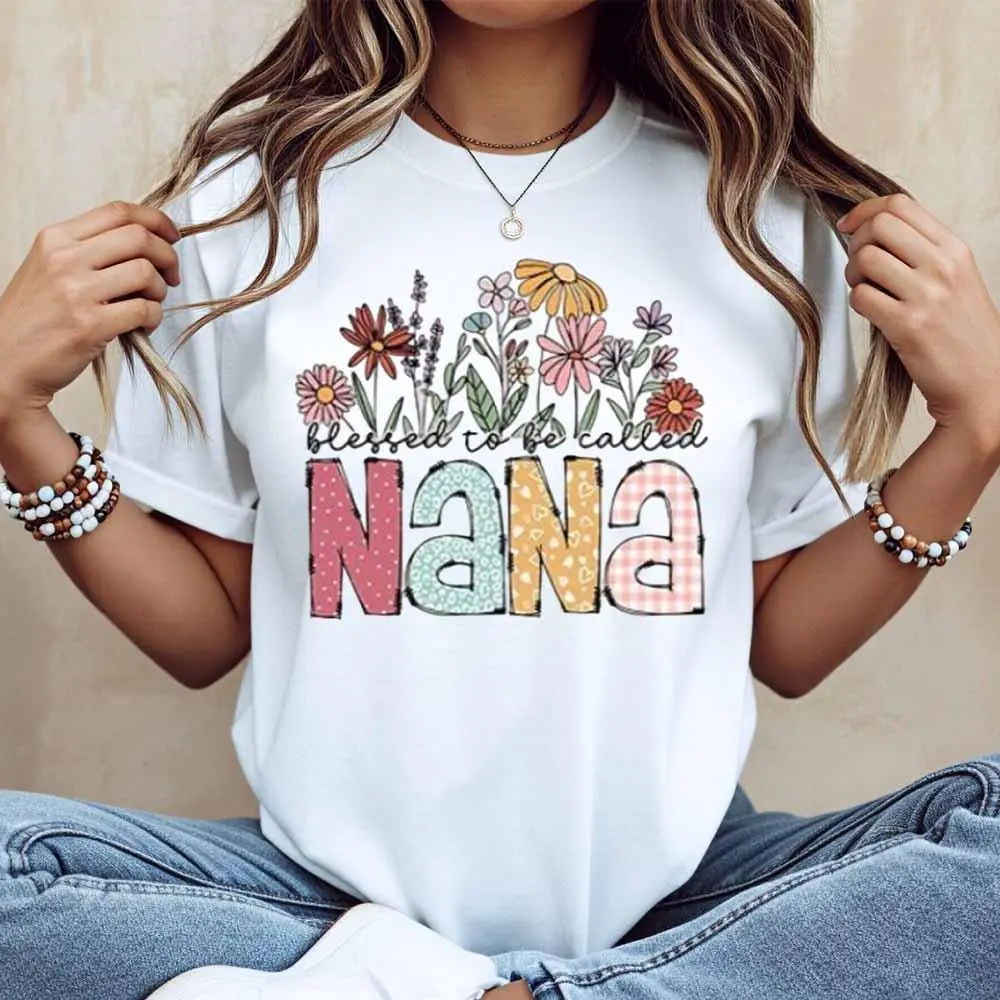 Women's "Blessed To Be Called Nana" Graphic T-Shirt - Casual Cotton Shortsleeve Top with Floral Print for Summer
