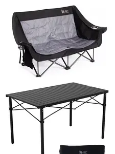 （Camping Table & Chair Combo Set）olding Camping Table with Aluminum Roll-up Tabletop;Double Camping Chair, Oversized Camping Loveseat with Cup Holder