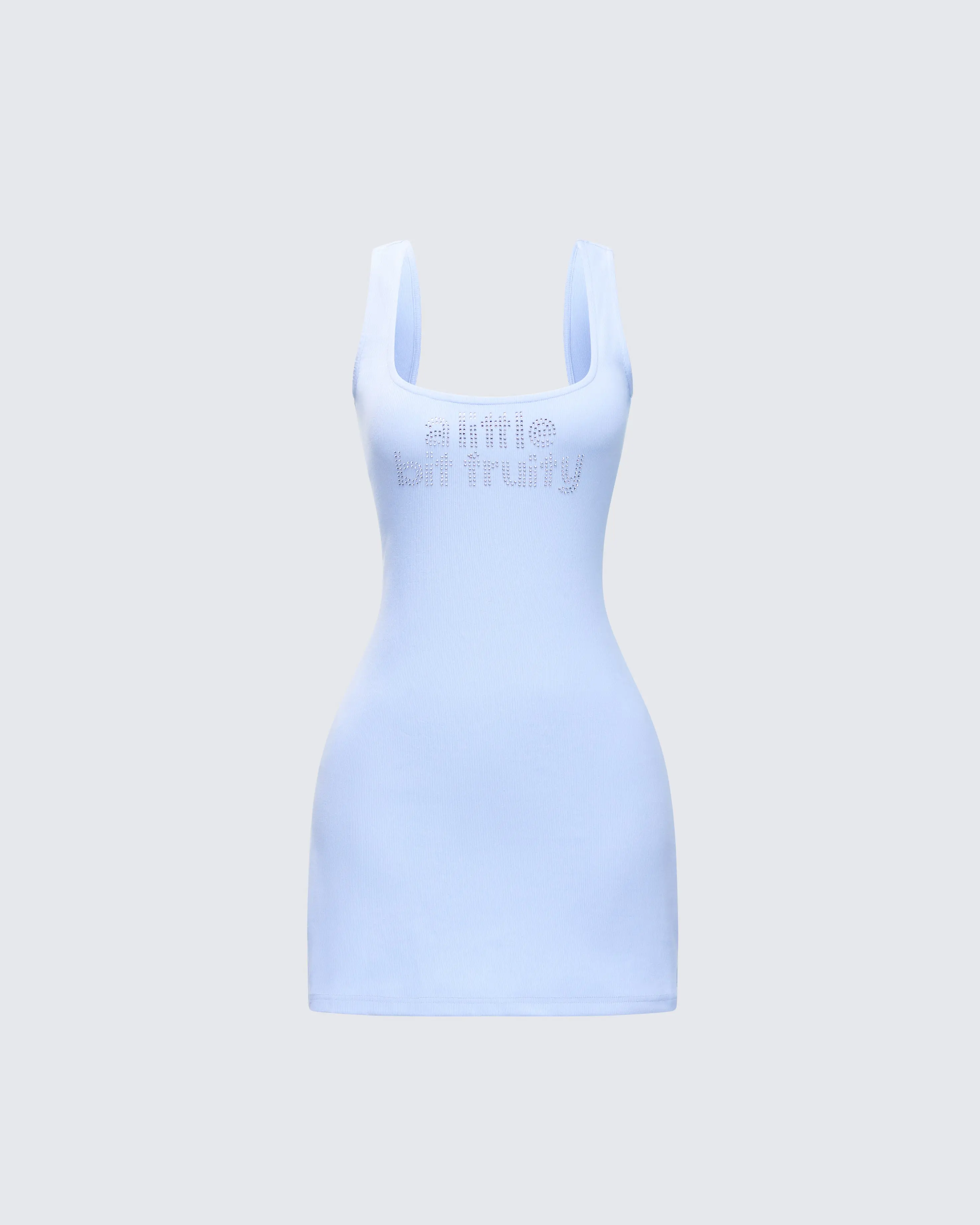 Women's Formal Jovie Blue Sleeveless Square Neck Bodycon Mini Dress - Sparkly Embellished Slogan Design, Spandex Fabric, Straps, Brunch Dates