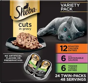Sheba Perfect Portions Wet Cat Food Cuts in Gravy Roasted Chicken Sustainable Salmon Tender Turkey 2.6 oz Twin-Pack Trays 24 Count 48 Servings Protein-Rich Premium Meal