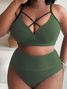 Plus Size Two-Piece Set Criss Cross Crop Cami Top & High Waist Panty Ribbed Tankini Set, Casual Adjustable Strap Swim Top & Swim Bottom, Women's Summer Swimsuit, Tankini Bottoms Set