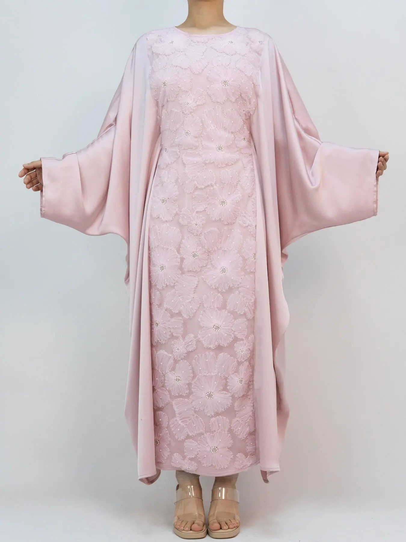 Middle Eastern Muslim Women's Kaftan, Satin Solid Color Batwing Sleeve, Flower Beaded Abaya for All Seasons, Elegant Loose-Fitting Dress, Muslim Dresses, Fashion Dress Caftan