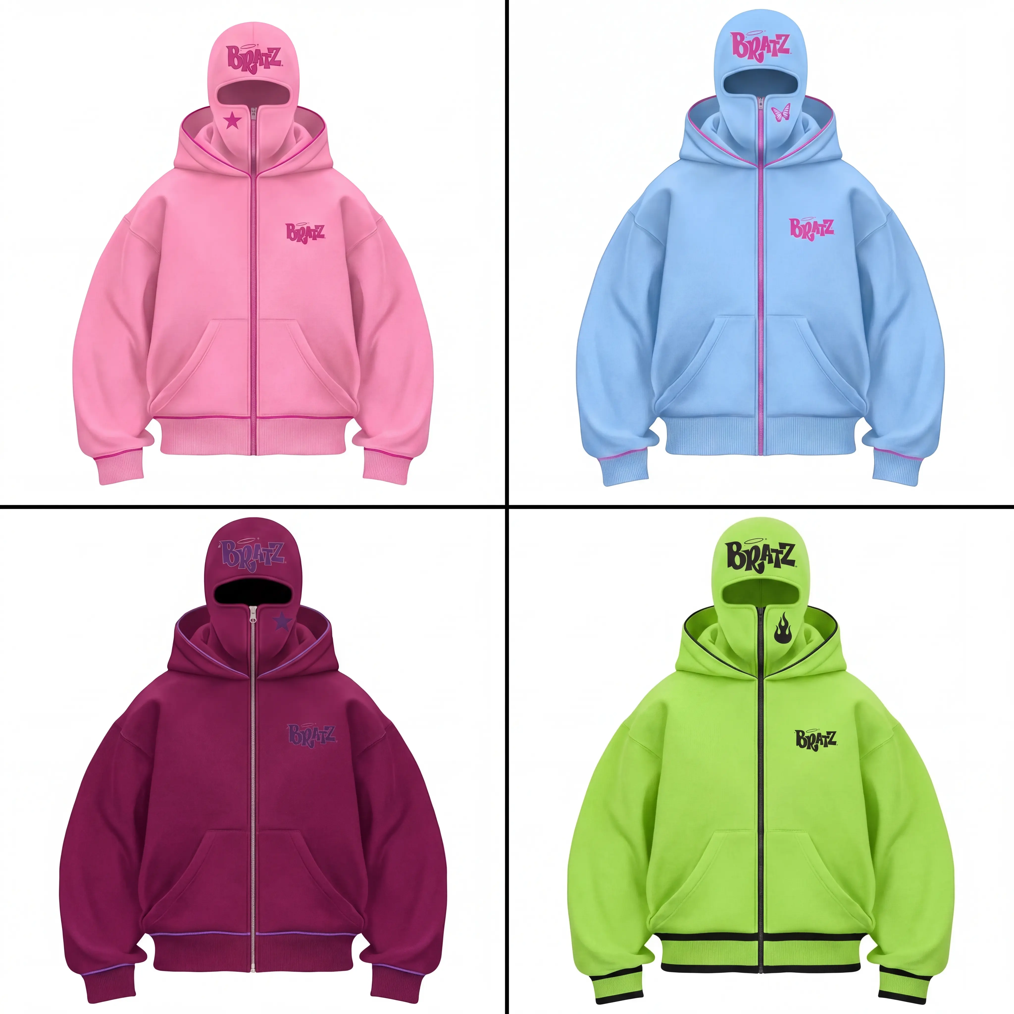 Y2K Aesthetic Doll Graphic Full Zip Balaclava Hoodie, Vintage Pastel Zip Up Sweatshirt, Trendy Streetwear Activewear Pullover, Casual Outerwear