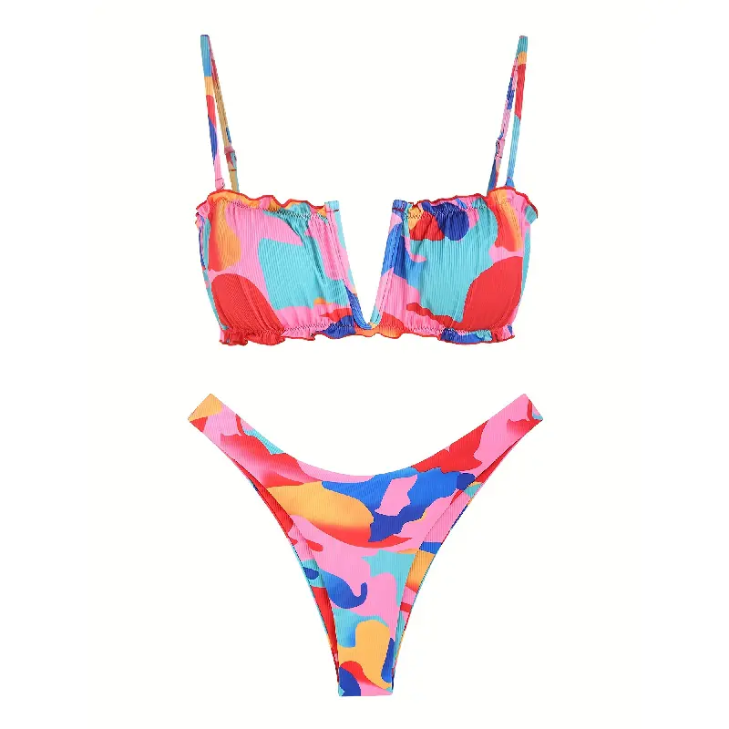 Women's Quick-Dry Colorful Camo Print Ribbed Bandeau Bikini - Adjustable Thin Straps, High Waist Low-Cut Bottoms, Outfit Variant