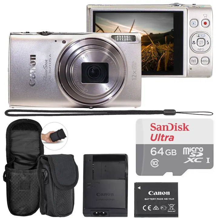Canon PowerShot ELPH 360 HS Digital Camera (Silver) with LCD Screen, CMOS Sensor, Full HD, Wi-Fi NFC, SanDisk Ultra 64GB microSDXC Card, Compact Protective Carrying Case