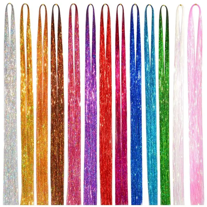 Full Shine 12-Color Tinsel Hair Extensions with Tools 2400 Strands Natural Straight Fairy Hair Tinsel Kit for Cosplay Party Summer Fashion Accessories
