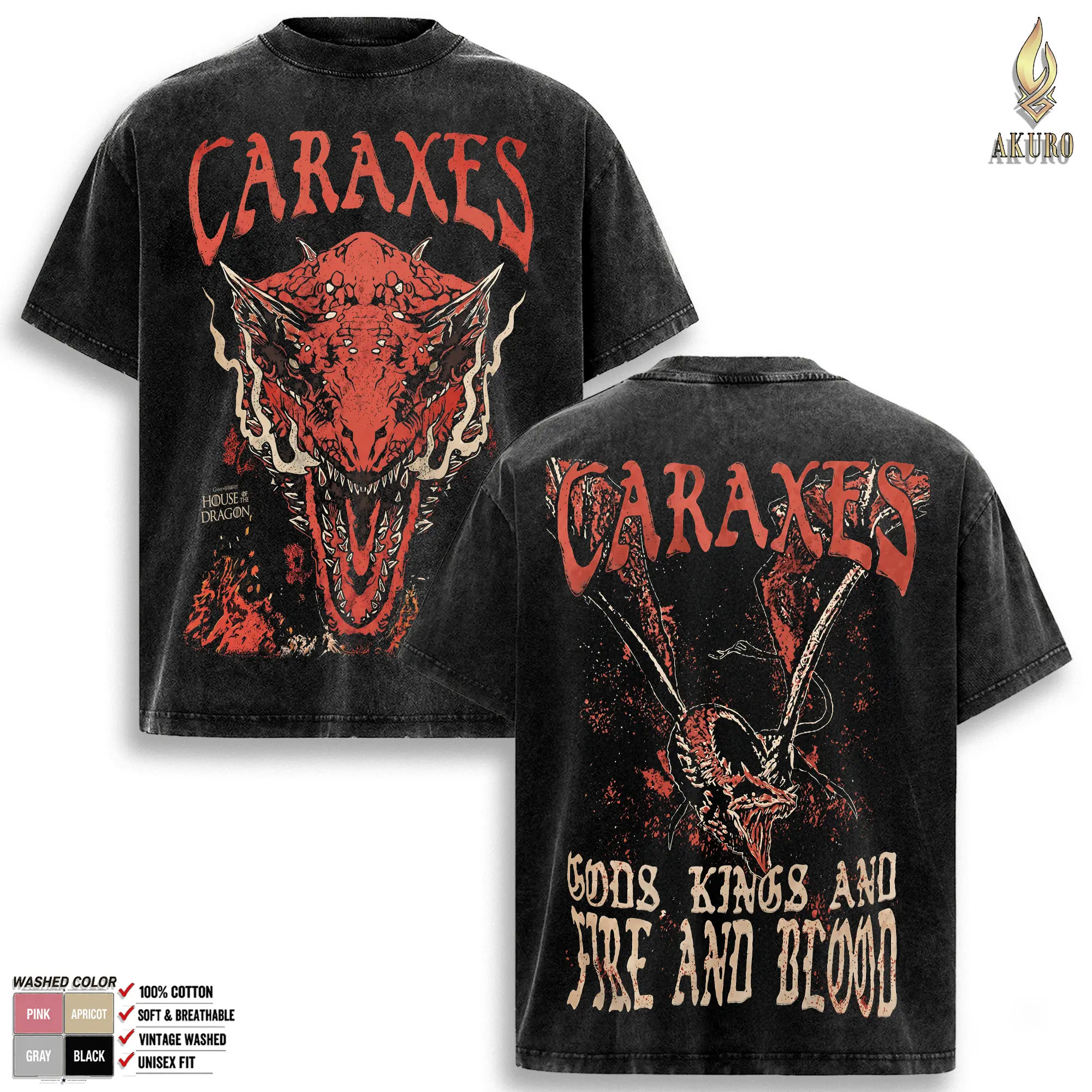 House Of The Dragon Caraxes Vintage Washed Graphic Tee, Oversized Dragon Fantasy Streetwear Shirt, Daemon Targaryen Fire And Blood T-Shirt, Retro HBO Fan Gift, Premium Unisex Cotton Apparel