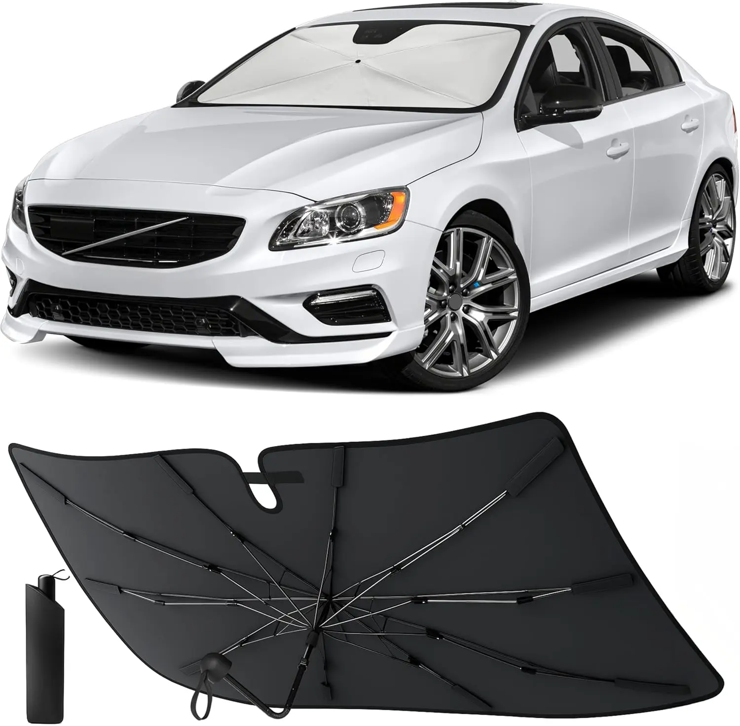 EcoNour Foldable Windshield Umbrella Sunshade (52"x31"), 5-Layer Polyester Car Exterior Accessory, Solar Shield Front Window, UV-Blocking, Heat Reduction, Durable, Storage Pouch Included, Fits Coupes/Sedans/Hatchbacks, Windshield Sun Shade, Sun-Proof Fron