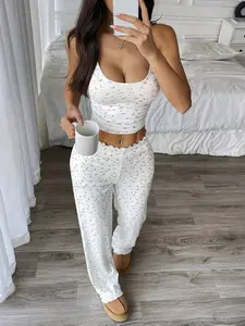 New Ditsy Floral Print Women's Strap Sleepwear Pajamas Set, Nightwear Lounge Set, Round Neck Sexy Casual Everyday, Elastic Fabric Soft Skin-Friendly, Soft Stretchy Homewear, Loungewear, Indoor Outdoor Wear, Womenswear