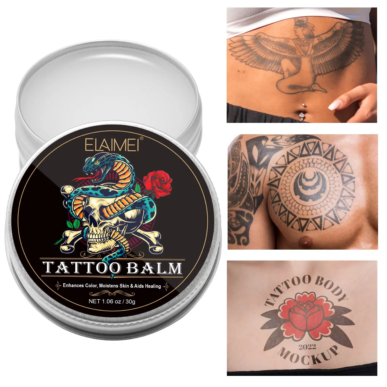 ELAIMEI Tattoo Aftercare Cream, Tattoo Balm: Enhances vibrancy of colored tattoos, protects them, makes colors long-lasting. Gentle, non-irritating, soothes skin after tattooing, helps maintain vibrant colors, Tattoo Healing Cream, Tattoo Treatment Balm