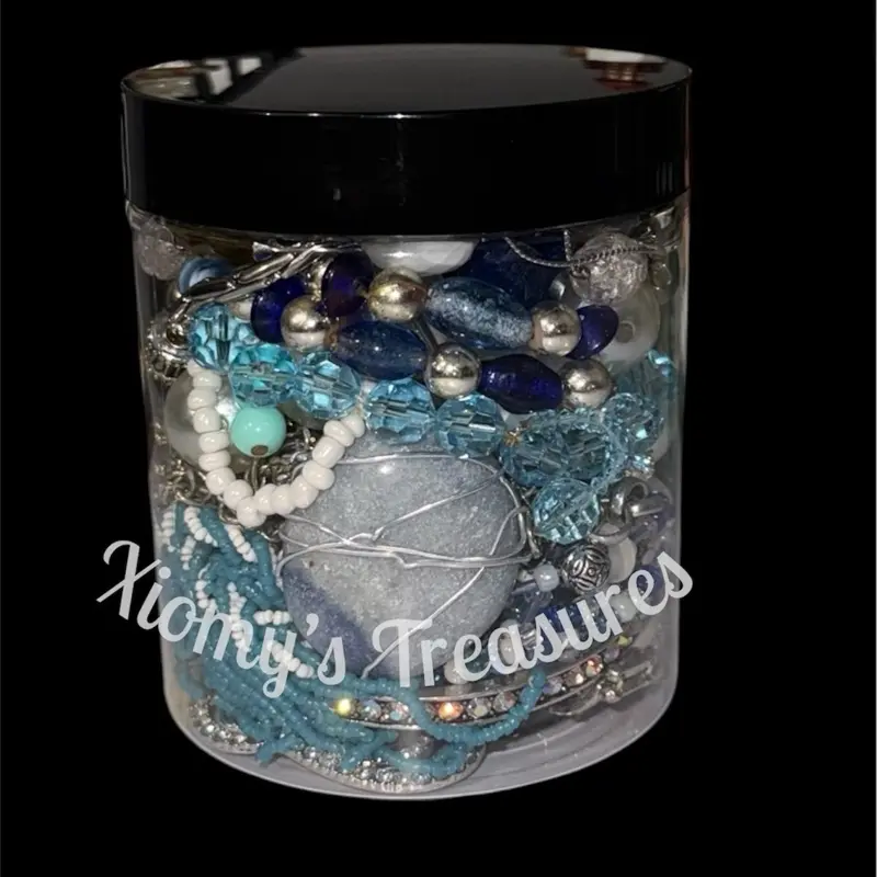 Xiomys Clear Plastic Jewelry Organizer Jar with Lid for Storage and Display Featuring Necklaces Bracelets Bangles Earrings Rings in Mixed Metal Tones