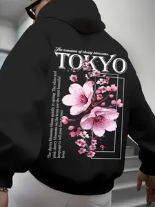 New Men's Homewear Tokyo Cherry Blossom Pattern Hoodie, Spring & Fall Loose Fit Long Sleeve Casual Sweatshirt with Pockets