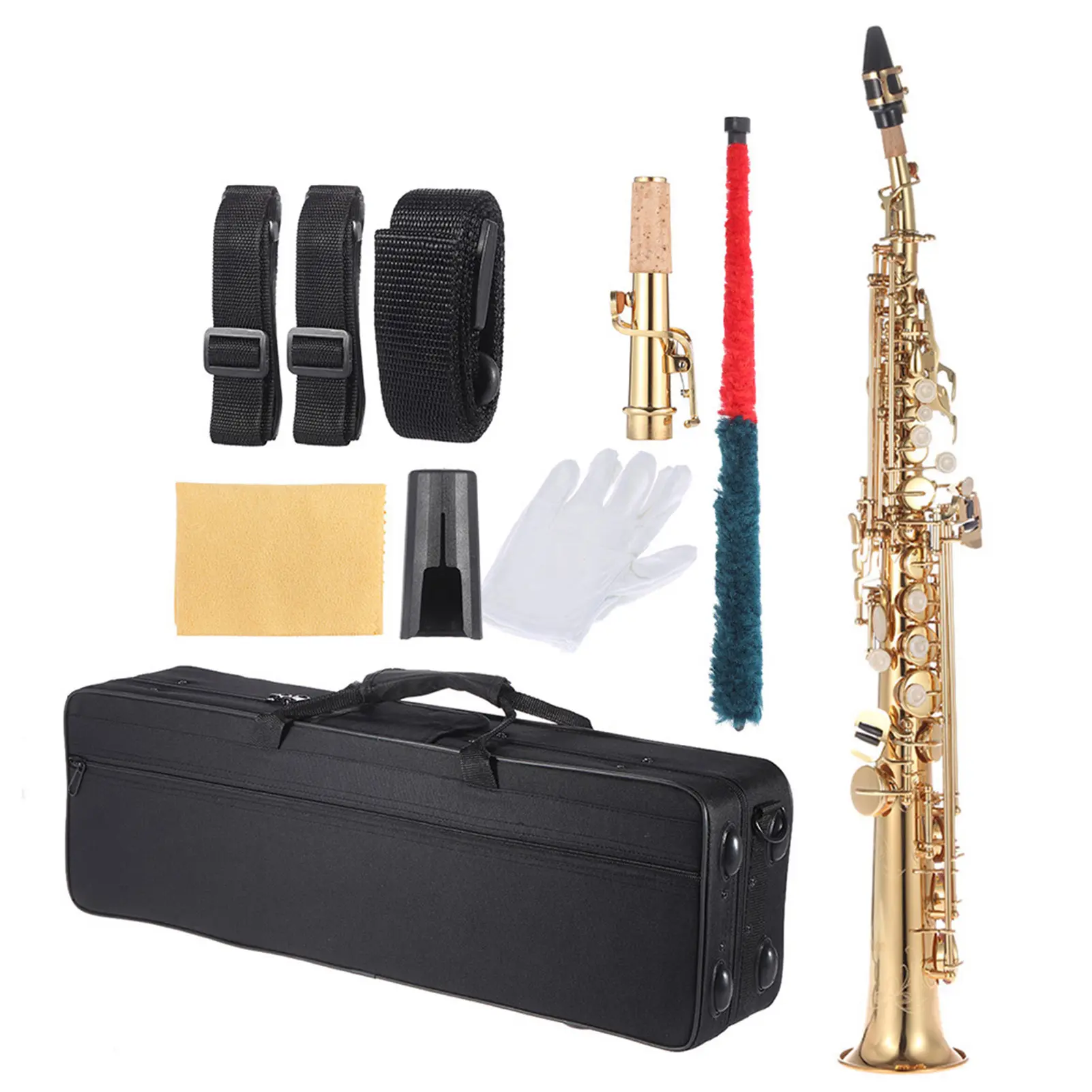 Brand New B-Flat Brass Straight Soprano Saxophone - Woodwind Musical Instrument with Natural Shell Keys, Carved Keys, Stylish Surface Design, Durable Leather Pads, Carrying Case, Gloves, Cleaning Cloth, Straps, Cleaning Rod, Approx. 1.4kg, Brand New Saxop