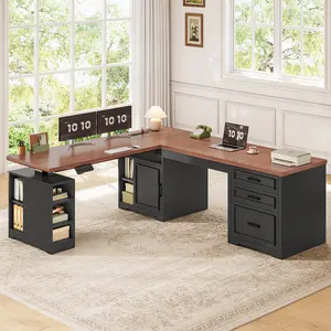 Sedeta Rustic L-Shaped Adjustable Electric Standing Desk (63x67 in) - Durable Computer Workstations with Steel Frame, Drawers, Shelves, Power Outlet for Executive Home Office Furniture