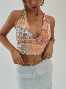 Women's Floral Print Halter Neck Top, Boho Fitted Sleeveless Cropped Top for Summer, Women's Clothing for Beach Holiday Vacation, Tie Back Womenswear, Casual Backless Top, Bohemian