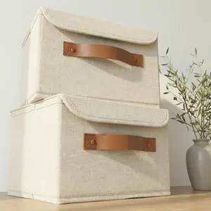 Decorative Linen Storage Boxes with Lids, Set of 2 Spacious Organizer Bins for Home Decor, Perfect Small Containers for Storing Photos Documents and Memory Keepsakes