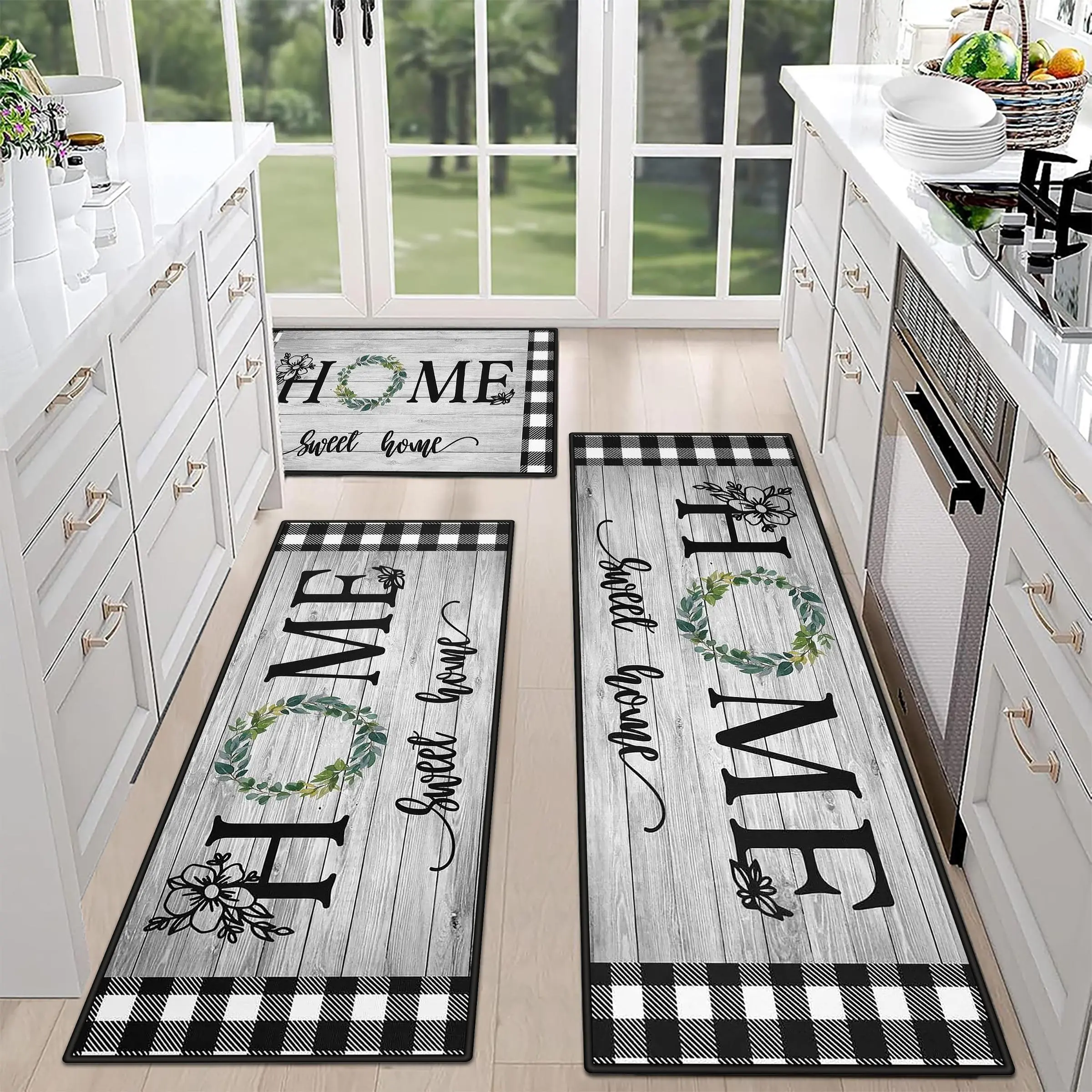3-Piece Set Wooden Farm Style Bohemian Kitchen Rugs, Farmhouse Boho Rugs, Washable Non-Slip Low-Profile Mats for Kitchen, Laundry and Hallway Decor, Boho Kitchen Rug