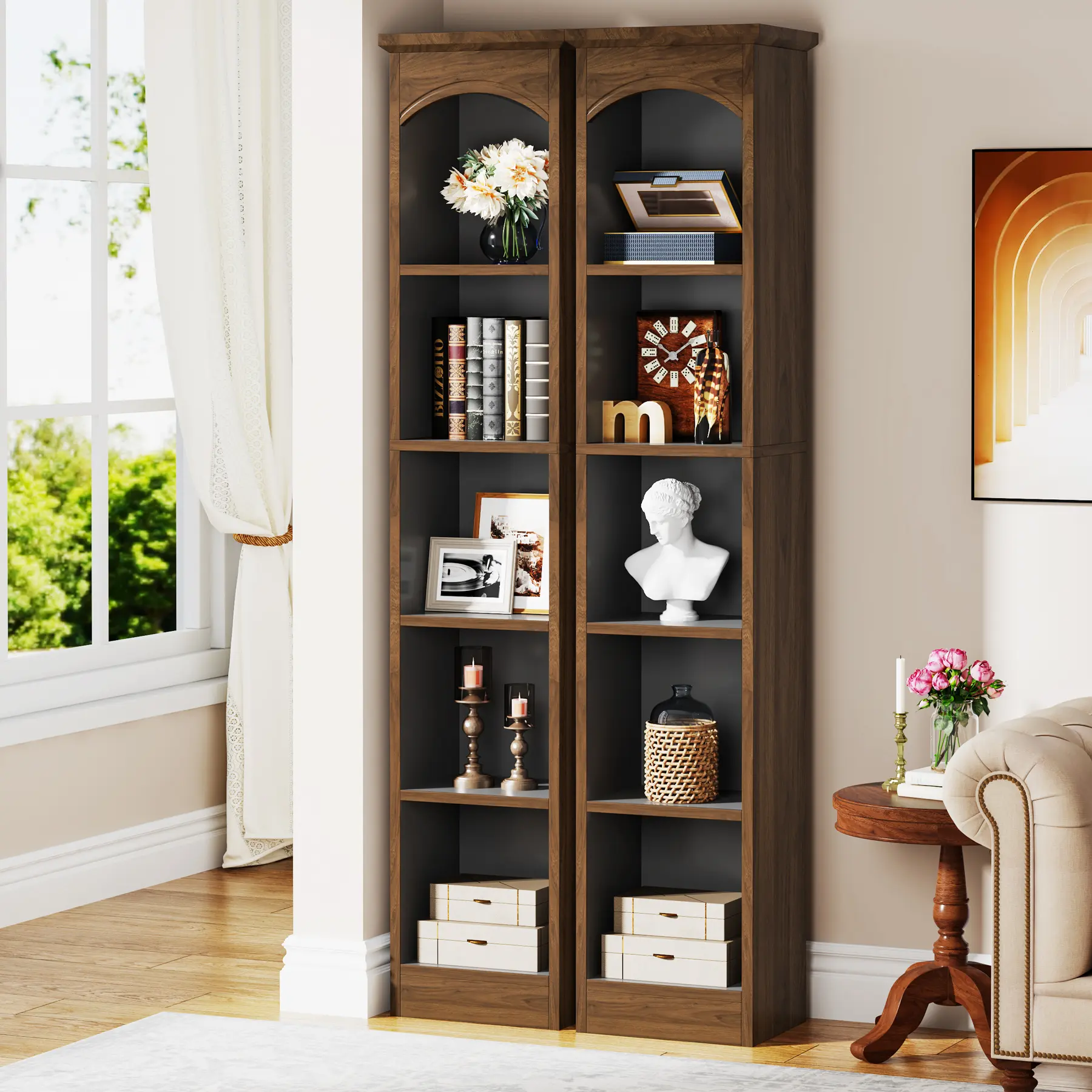LITTLE TREE 70.9-Inch Tall Narrow Bookcase, 5-Tier Cube Bookshelf with Storage, Modern Slim Corner Display Shelves for Home Office, Living Room