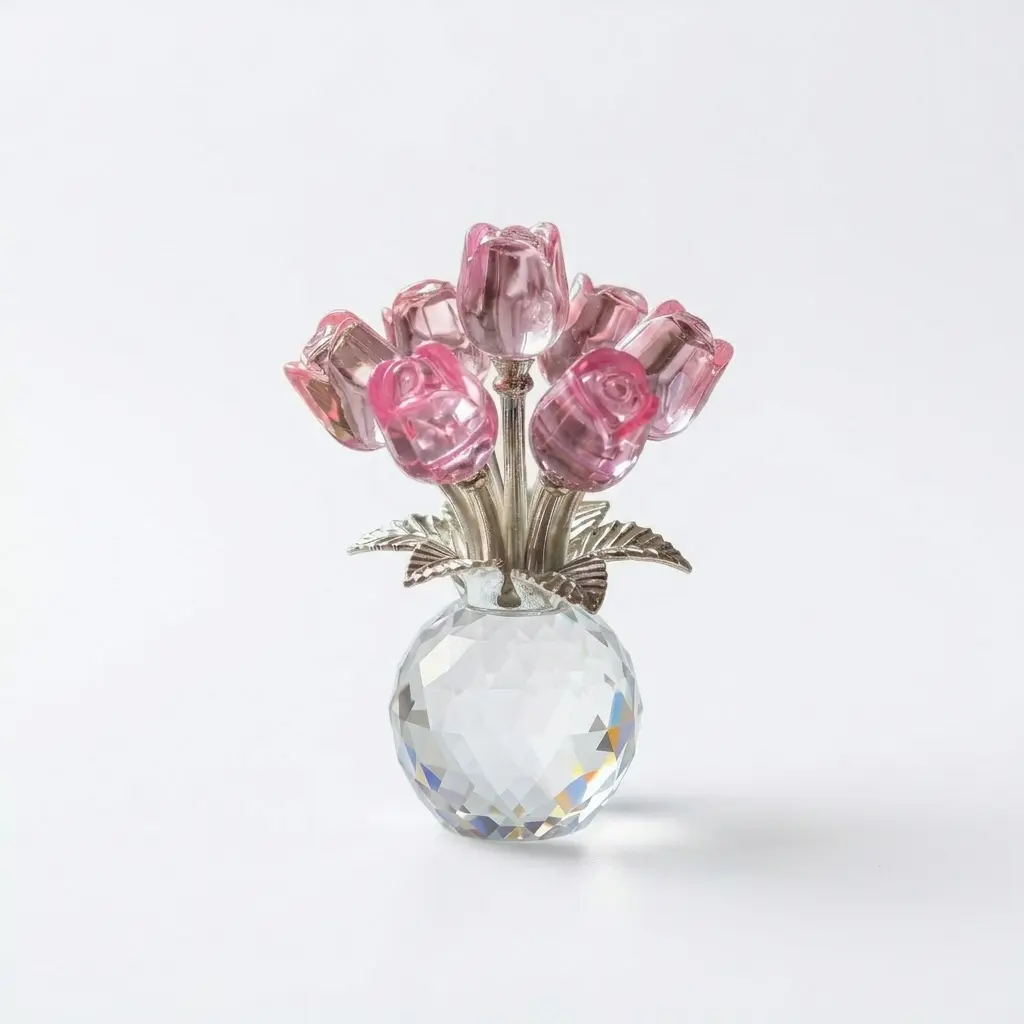 Pink Rose Crystal Flower Figurine with Vase K9 Crystal Rose Bouquet Ornament Romantic Gift for Wife Girlfriend Valentine's Day Anniversary Decor Faux Roses Decorative