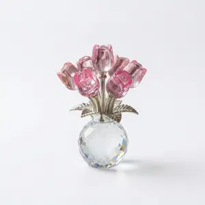 Pink Rose Crystal Flower Figurine with Vase K9 Crystal Rose Bouquet Ornament Romantic Gift for Wife Girlfriend Valentine's Day Anniversary Decor