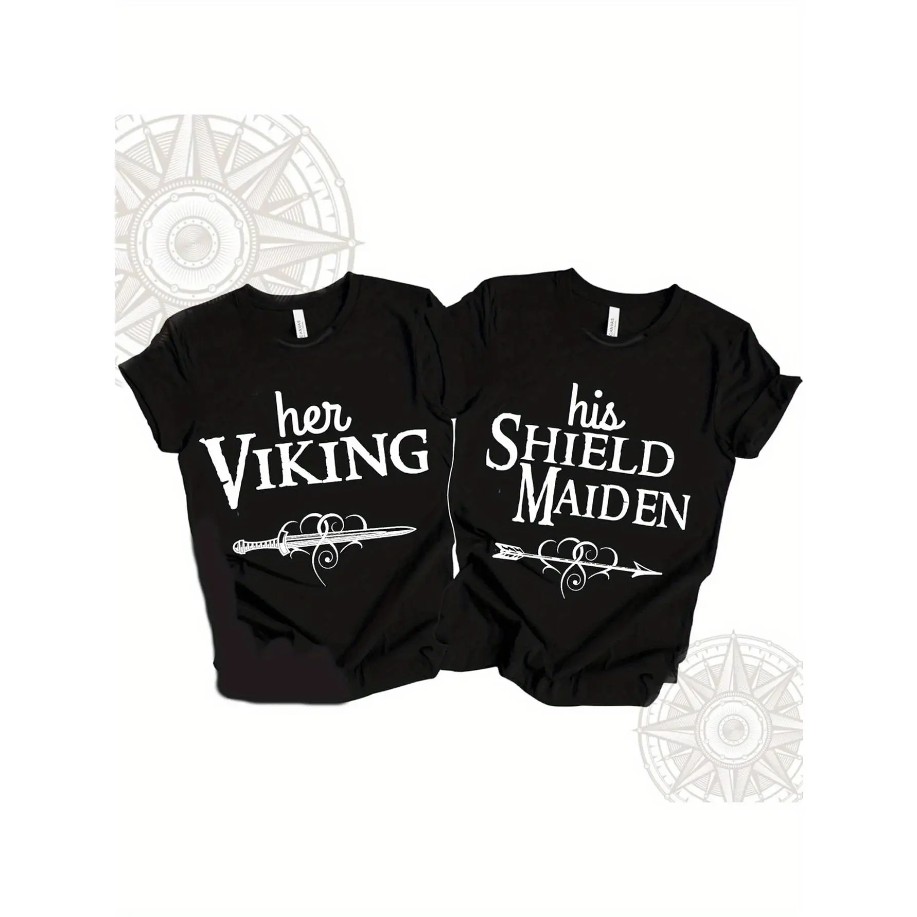 1pc Couple Shirt- Viking Shirt, Men and Women Matching Viking T-Shirt, Couple Viking Matching T-Shirt, Northern Men's Gift, Viking Gift Black- 180g Pure Cotton Single-Sided Printed Round Neck Short Sleeve T-Shirt, Suitable for Men and Women LHD, PLUS