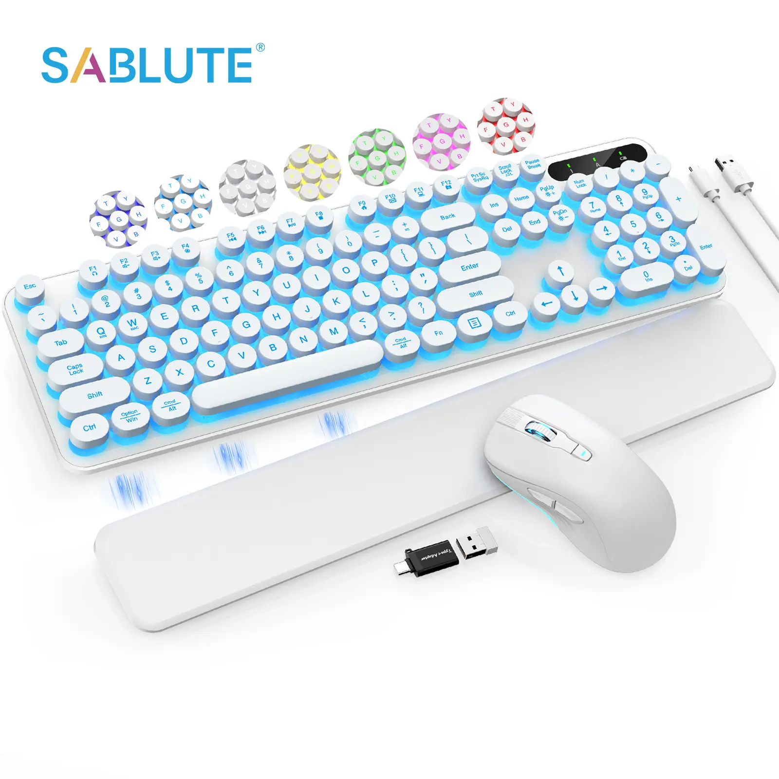 LED Wireless Keyboard and Mouse Combo - Light Up Letters, Magnetic Wrist Rest, Rechargeable Backlit Keyboards with Retro Typewriter Round Keycap, Cordless Set for Computer, Windows, PC, Laptop (White)