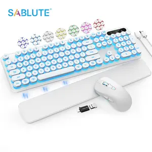 LED Wireless Keyboard and Mouse Combo - Light Up Letters, Magnetic Wrist Rest, Rechargeable Backlit Keyboards with Retro Typewriter Round Keycap, Cordless Set for Computer, Windows, PC, Laptop (White)