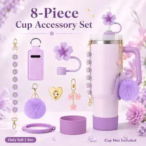 8-Piece Stanley Cup Accessory Set: Handle Strap for 30/40 oz Stanley Tumblers, Including Straw Cover, Silicone Boot, and Keychain, Silicone Straw Topper, Tumbler Accessories