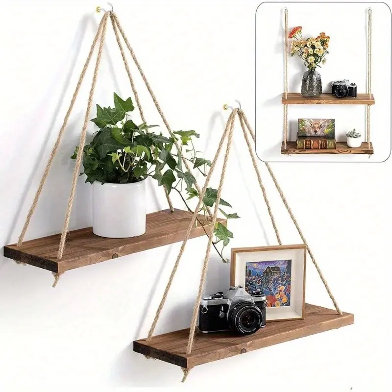 Wooden Swing Hanging Hemp Rope Wall Shelf, 1 Count Wall Mounted Floating Shelf, Plant Flower Pot Tray Storage Garden Decoration, Plant Hanger Indoor, Floating Plant Hangers