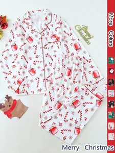 Two-piece Set Women's Loungewear All Over Print Lapel Neck Button Front Pajama Set, Long Sleeve Pocket Top & Elastic Waist Pants Pj Set, Valentine's Day Gift for Girl