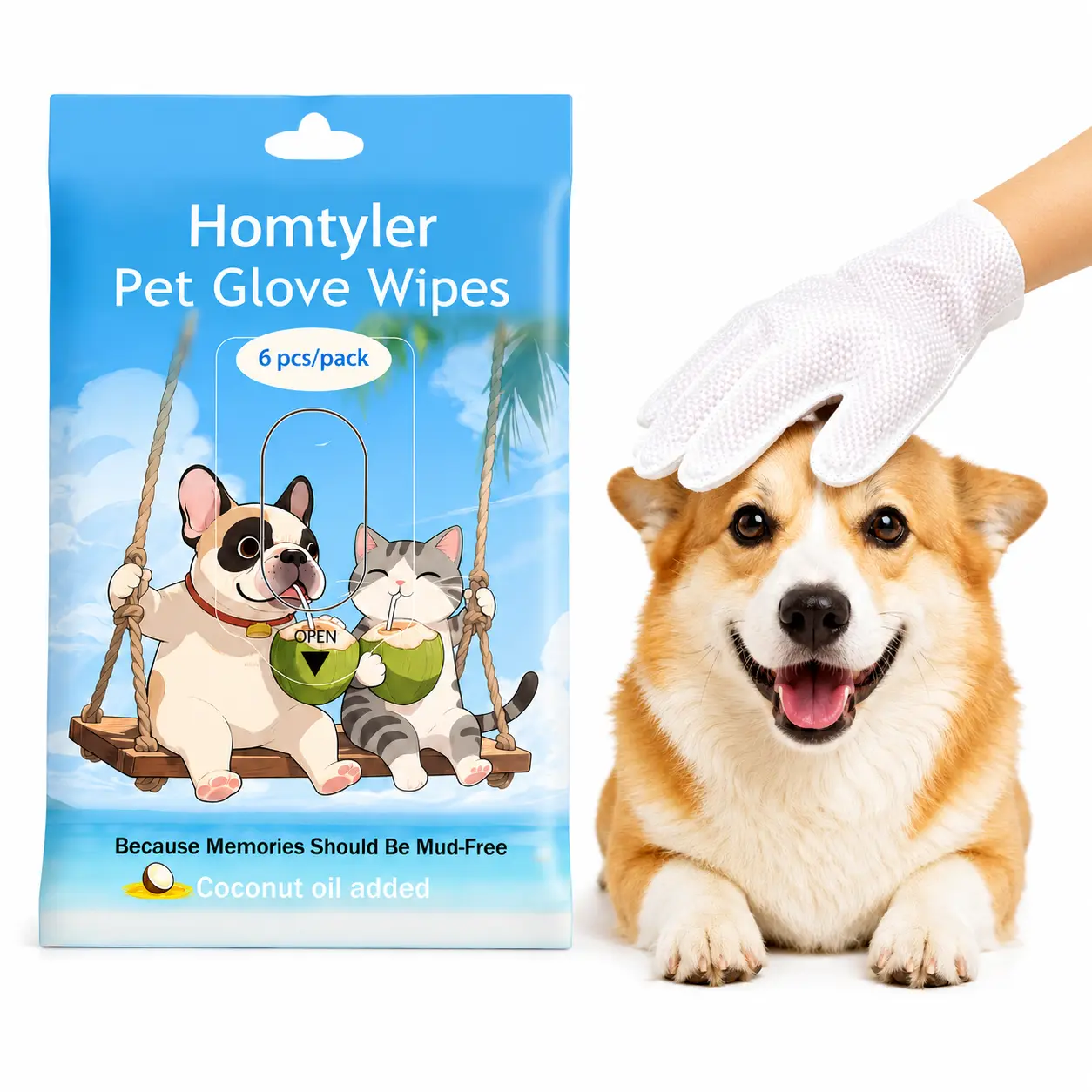Homtyler Pet Cleaning Glove Wipes, Rinse Free Dog Grooming Gloves for After Walk, Disposable Cat Wipes for Paws, Natural Ingredient Hypoallergenic, 6pcs/18pcs/24pcs Pet Wipes