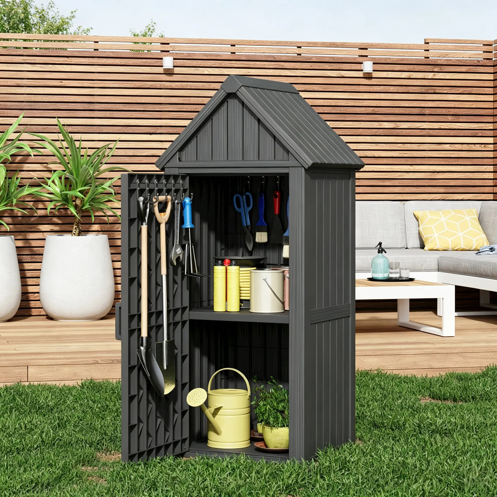 RIWENGO Tall Outdoor Storage Cabinet - Waterproof Resin Shed with Adjustable Shelves, 12 Hooks, Lockable Design for Garden, Patio Use