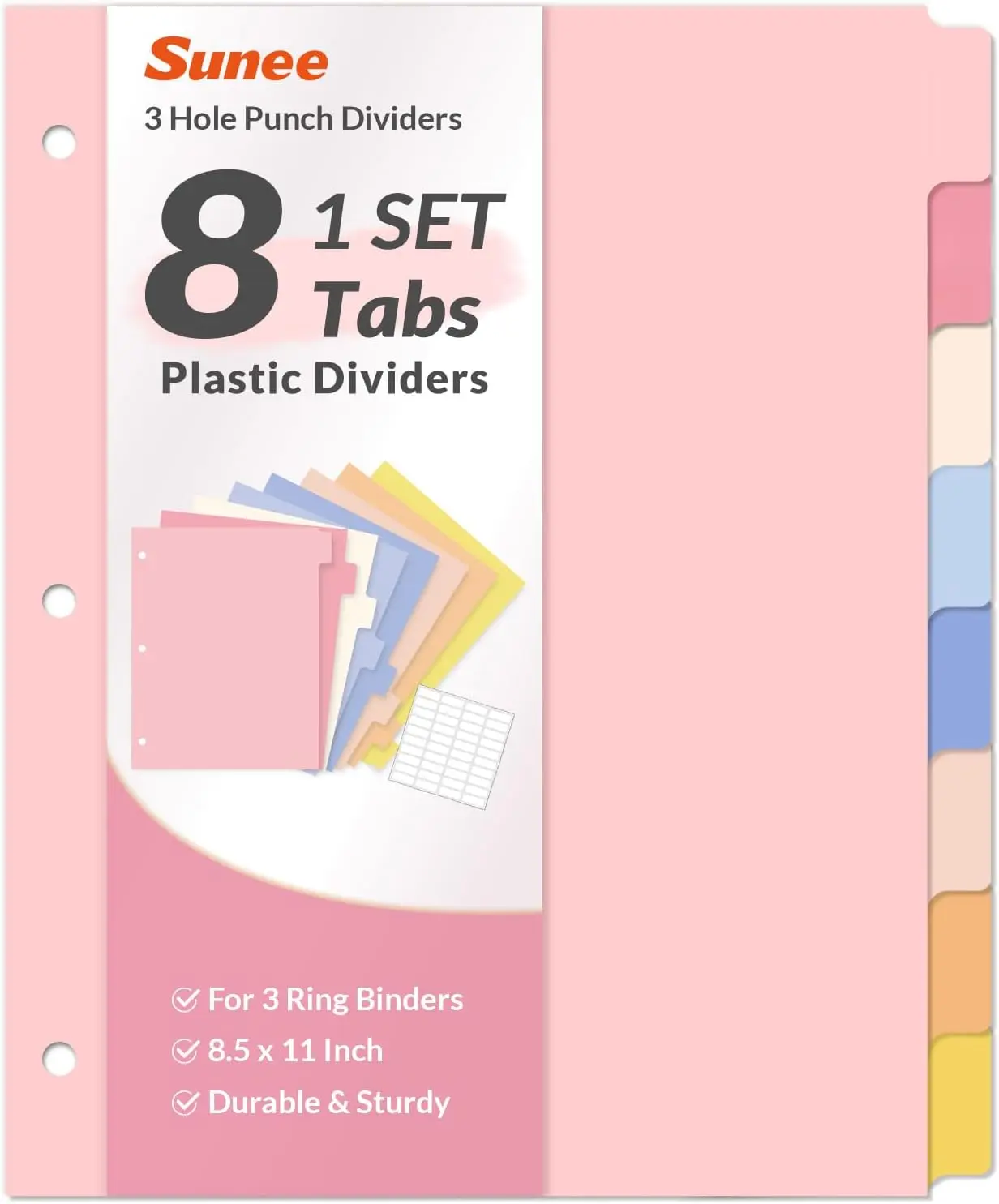 SUNEE 8 Tab Binder Dividers,Plastic Dividers for 3 Ring Binder,3 Ring Binder Dividers with Tabs for School Office Home Supplies,Pastel Color, 1 Set