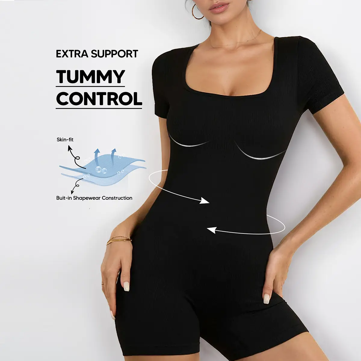 Suprenx Women's Short Sleeve Compression Workout Bodysuit, Ribbed Tummy Control Romper, Non-See-Through Butt Lifting Gym Jumpsuit, Short Sleeve Bodysuit, All-In-One Bodysuit Bodysuits