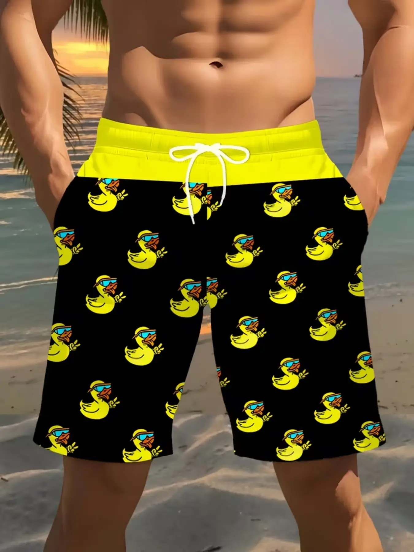 Men's Quick-Dry Beach Shorts with Cool Duck Pattern, Adjustable Drawstring Waist, Summer Surfing, Swimming, Outdoor Activities Swimwear Shorts, Beach Trunks, Summer Swim Bottoms