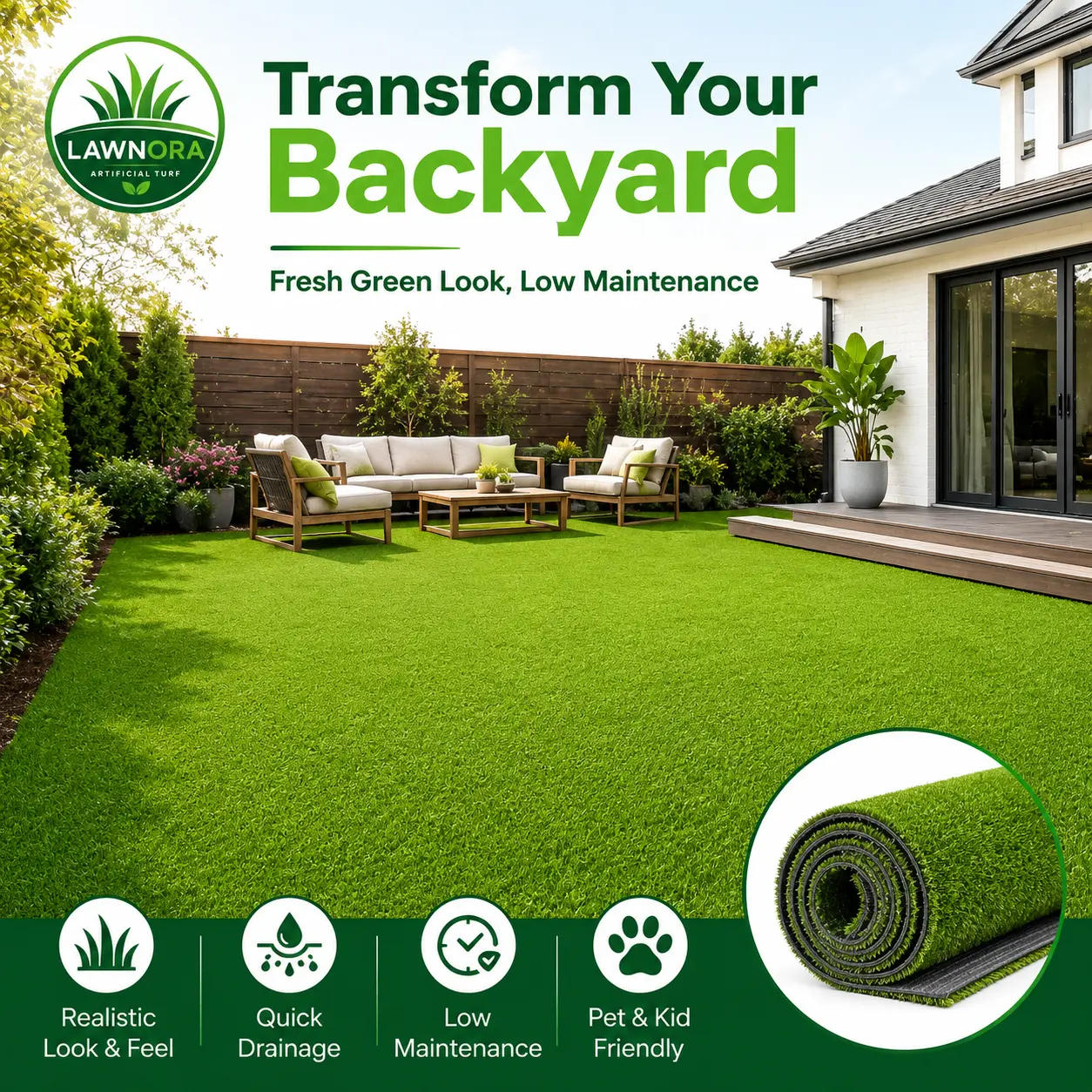 LAWNORA Artificial Grass Turf, 0.2 in Low Pile Fake Grass Rug with Quick Drainage, UV Resistant Synthetic Turf Roll, Dog Grass Mat for Patio, Balcony, Backyard, Lawn, Indoor Outdoor Landscape