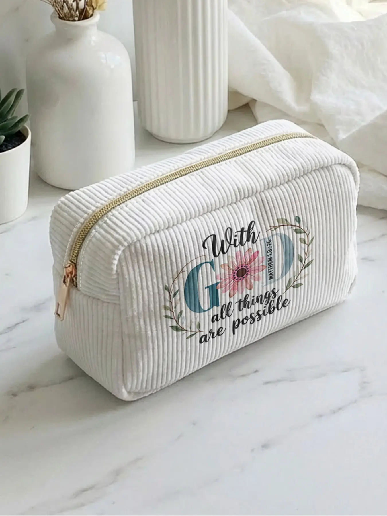 1 piece of floral text pattern, 'Anything is possible' 2D printed Makeup Pouch, Travel Accessory, Cosmetic Travel Bags, large capacity design, suitable for all seasons/general use, Can hold daily skincare products and various cosmetics
