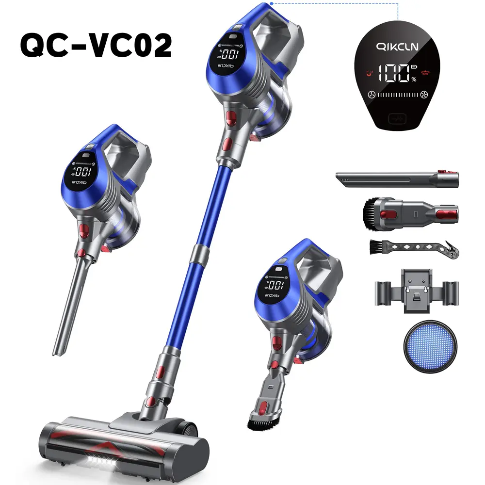 Qikcln Cordless Vacuum Cleaner VC02 - Bagless, Cordless Portable, Rechargeable, Wireless Lightweight Vacuum with 23KPa Suction, 40 Min Runtime, LED Display, Brushless Motor for Pet Hair, Hard Floors, Bagless Vacuum Cleaners