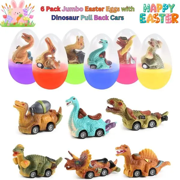 Unisex 6-Pack Jumbo Easter Eggs with Dinosaur Pull-Back Toy Vehicles - Safe Materials, Egg Fillers, Kids Easter Basket Stuffers