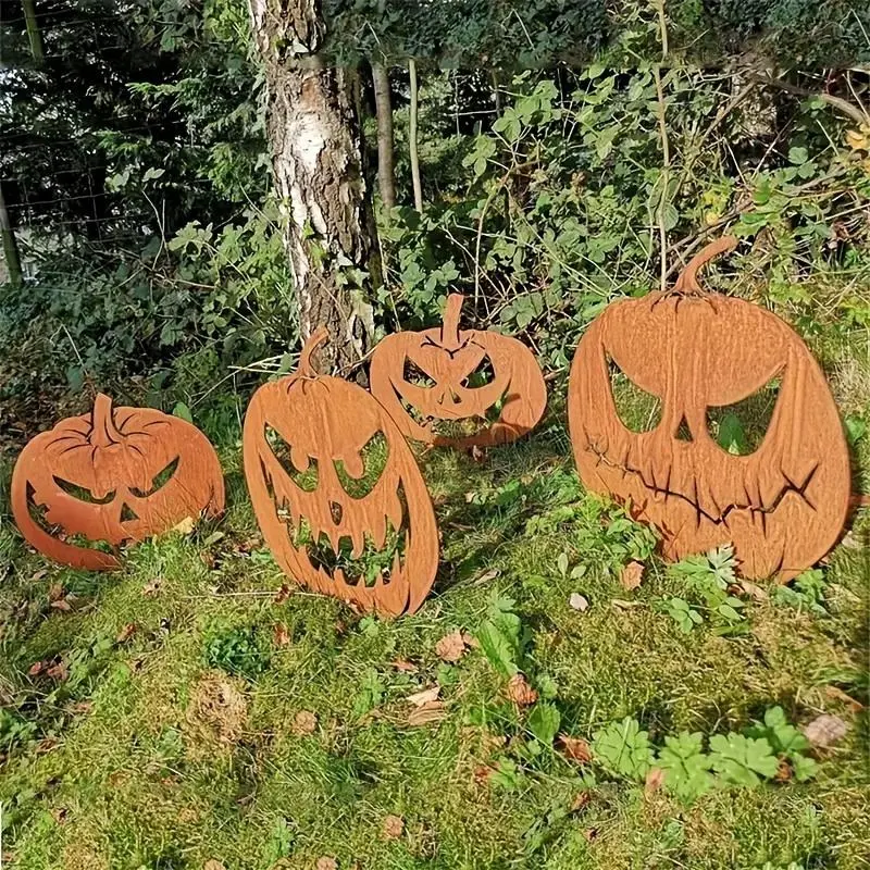 4 Vintage Metal Halloween Pumpkin Garden Plaques, Festive Spooky Jack Lantern Courtyard Signs, Outdoor Fall Art Statues for Garden, Lawn, Patio Decor