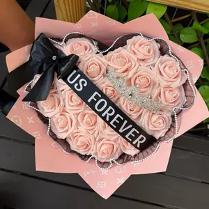 Heart-Shaped Baby Pink Rose Bouquet with "US FOREVER" Ribbon, Black Bow and Silver Crown for Anniversary Proposal Engagement