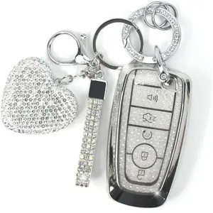 New Upgrade Key Fob Cover with Diamond Keychain for Women, Car Key Holder Compatible with Ford Explorer Fusion Edge Expedition F150 F250 F350 F450 F550 Maverick Mustang, 5 Buttons (Silver-Heart)