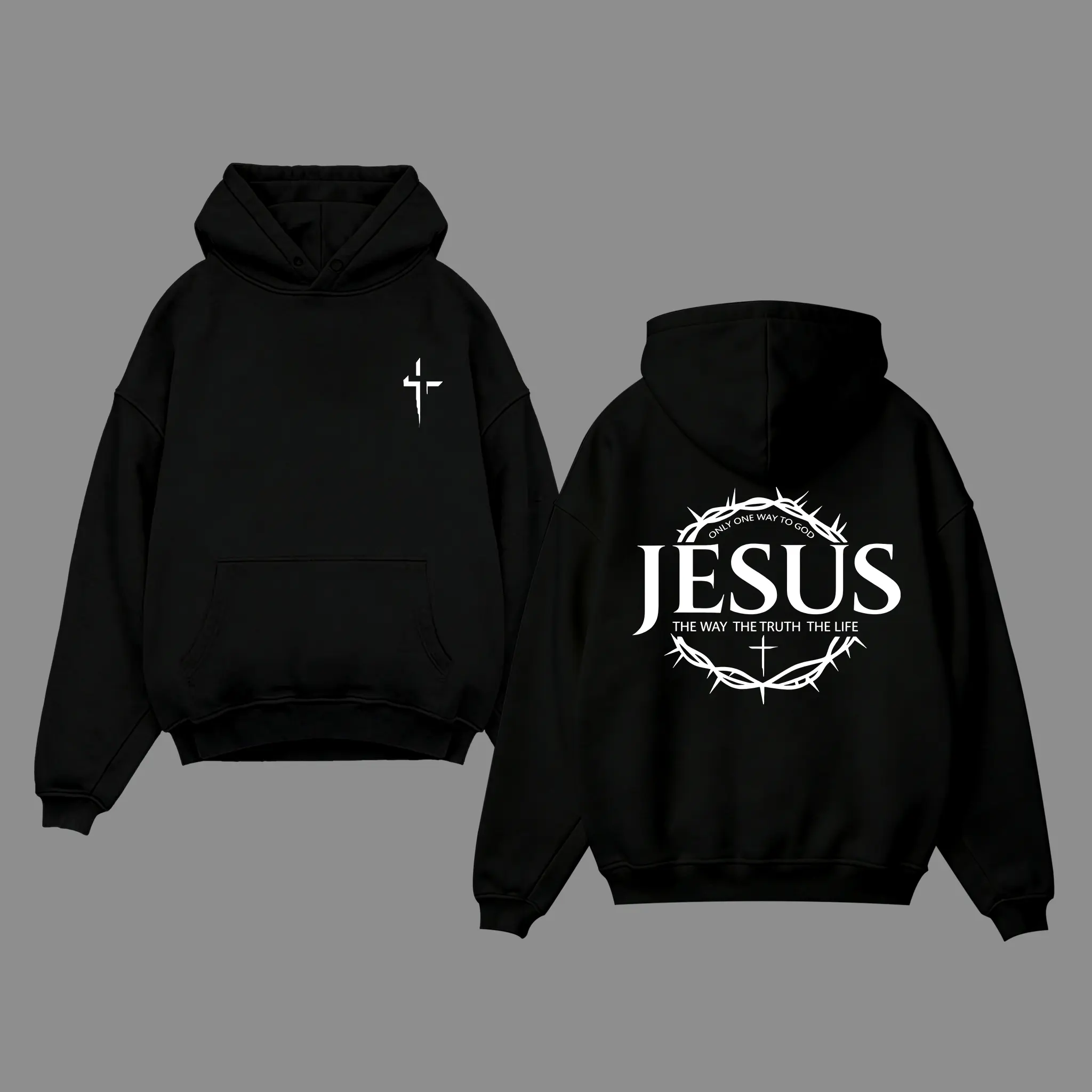 Jesus “The Way The Truth The Life” Graphic Hoodie Men’s Oversized Pullover with Crown of Thorns & Cross for Christian Streetwear, Faith-Based Apparel & Casual Comfort