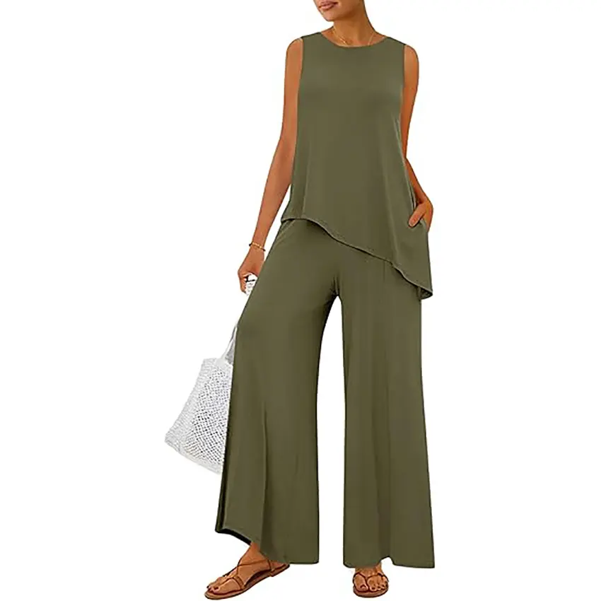 PrettyGarden Women's Sleeveless Two Piece Matching Lounge Sets Asymmetrical Split Tank Tops Wide Leg Pants Summer Outfits Tracksuit