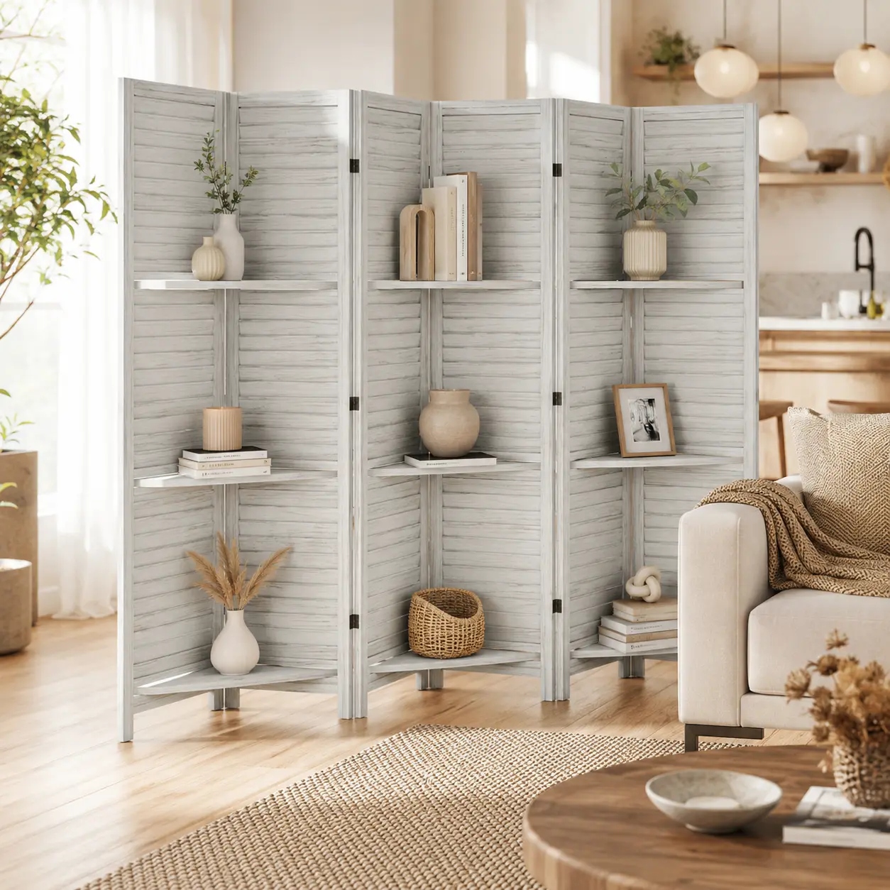 Tall Wood Room Divider with Display Shelves, Folding Privacy Screen Partition, Freestanding Decorative Wall Divider for Living Room Bedroom Office